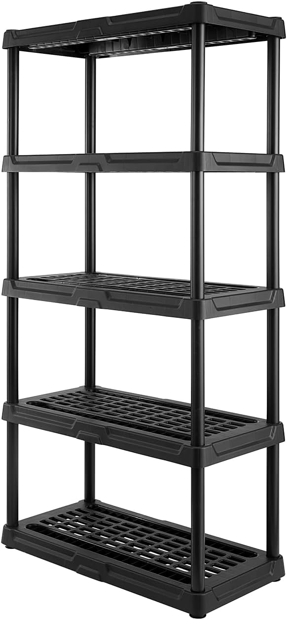 CX 5-Tier (72”H x 36”W x 18”D) Plastic Storage Shelving Unit (Black), Heavy Duty, 150lbs Per Shelf Capacity, Indoor/Outdoor Storage and Organization in Home, Garage, Office with Easy Assembly