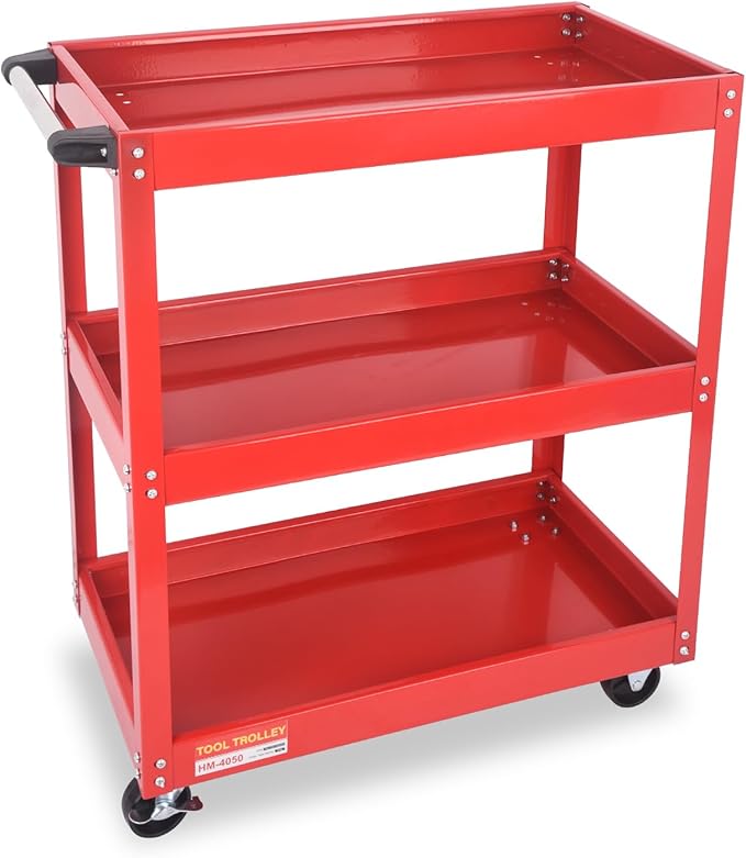 3-Tier Commercial Utility Cart with Brake Wheels, Sturdy Steel Construction, 110 lbs Capacity, Red