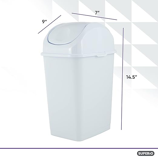 Superio Small Plastic Trash Can with Swing Top Lid, Compact Slim Waste Bin for Under Desk, Office, Bedroom, Bathroom, Dorm Room, 10 Qt. Portable Garbage Can 2.5 Gallon (White, 2 Pack)