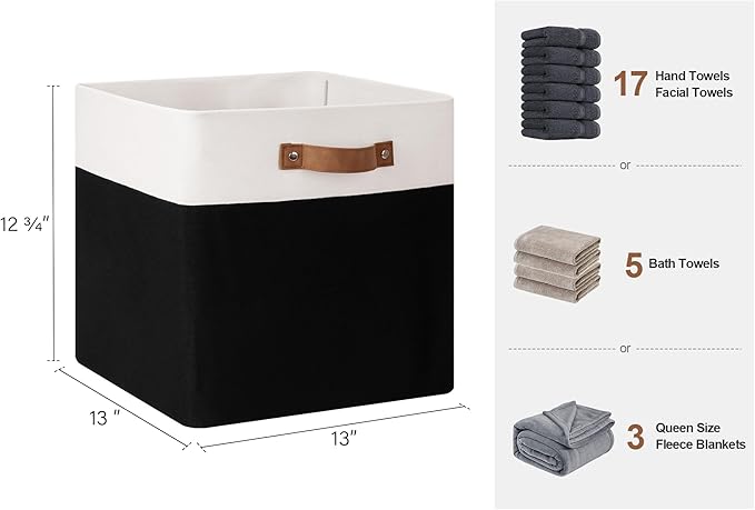 StorageWorks 13x13 Inches Storage Cube, Fabric Storage Bins with PU Handles, Collapsible Organizer Baskets for Closet, Black and White, 4-Pack