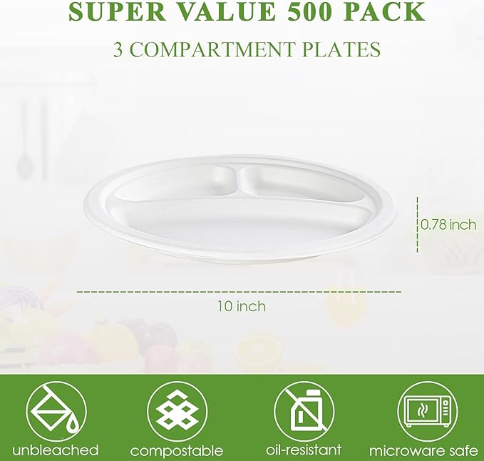 Vplus 100% Compostable Paper Plates, 500 Pack 10 Inch 3 Compartment Plates Disposable, Heavy Duty Biodegradable, Made of Sugar Cane Fibers, for Daily meals, Dinner, Parties, BBQ