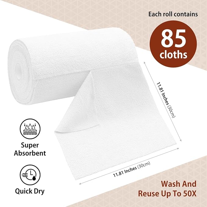 H4N Microfiber Cleaning Cloth Roll, 85 Pack Micro Fiber Wash Cloths for Car, Tear Away Towels, Ultra Absorbent Dish Rags, Non-Abrasive, Reusable and Washable Household Supplies, 11.81" x 11.81", White