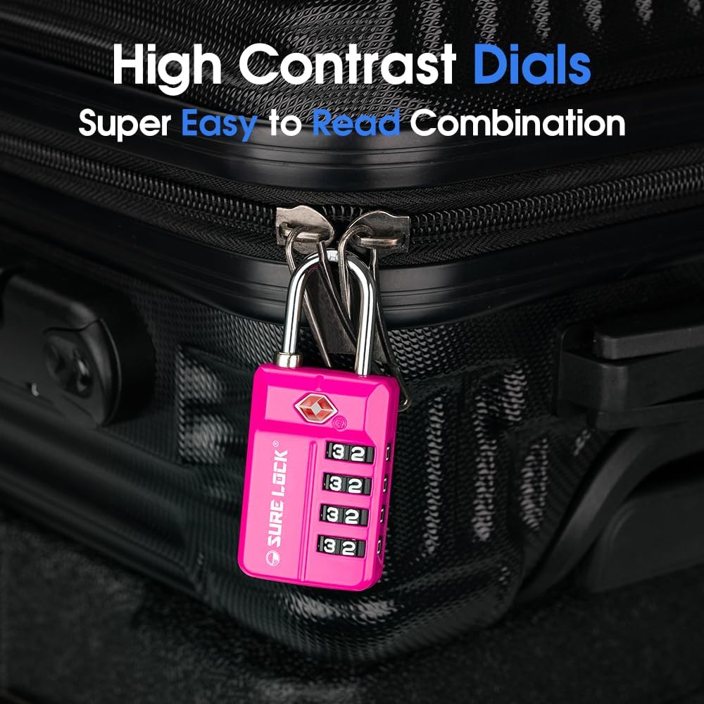 SURE LOCK TSA-Approved 4-Digit Resettable Combination Lock with Open Alert, Easy-Read Dials - for Luggage, School Lockers, Gym, Office, Toolbox & Security Cases (Pink 4 Pack)