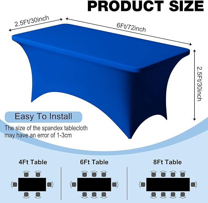 Trlyc 2 Pack 6FT Spandex Table Cloth - 72 x 30 Inch Rectangular Stretch Tablecloth, Wrinkle Resistant Scretch Table Cover for Wedding, Party, Banquet, Picnic, Outdoor Decoration (2Pcs,Royal Blue)