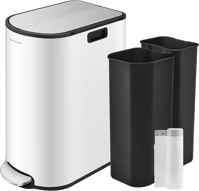 SONGMICS 13-Gallon Dual Kitchen Trash Can, 5.3 and 8 Gallon Compartments, Garbage Can with Wing Lids, Stainless Steel, Soft Close, Inner Buckets, Cloud White and Metallic Silver ULTB570W50