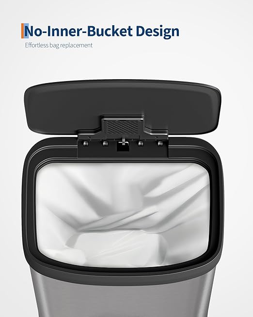 16 Gallon (60 l) Trash Can, Stainless Steel Kitchen Garbage Can, Recycling or Waste Bin with Liner Rim, Rear Handle, Soft Close Plastic Lid Step-on Pedal, Removable Inner Bucket