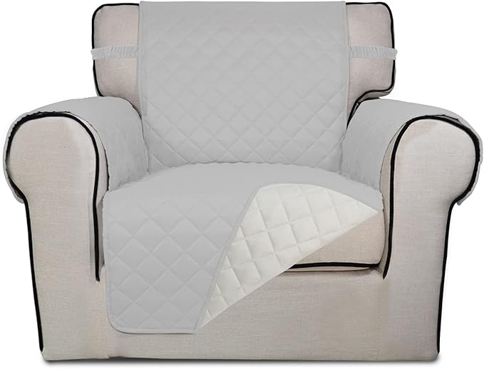 PureFit Reversible Quilted Sofa Cover, Water Resistant Slipcover Furniture Protector, Washable Couch Cover with Non Slip and Elastic Straps for Kids, Pets (Chair, Light Gray/Ivory)