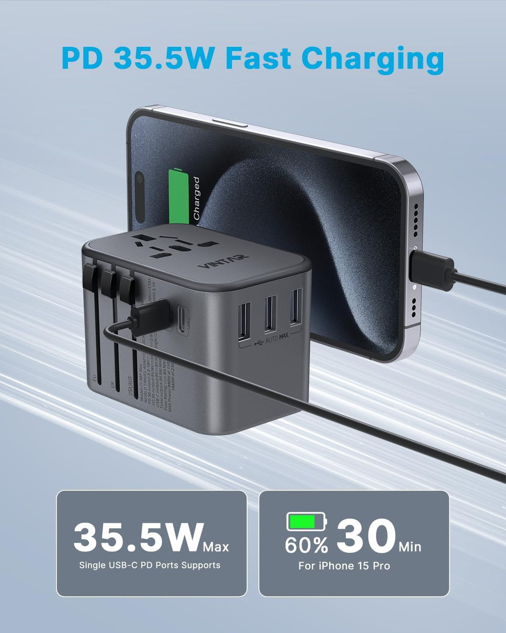 Universal Travel Adapter, VINTAR 35.5W International Power Adapter with 3 USB A QC and 2 USB C PD, All in One Plug Adapter Worldwide Travel Essentials for EU/UK/USA/AUS(Type C/G/A/I), Silver