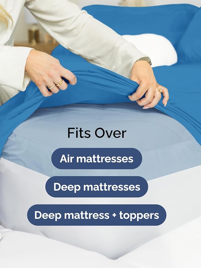 Extra Deep Pocket Queen Sheet Set - 4 Piece Breathable & Cooling Bed Sheets - Hotel Luxury Sheet Set - Soft, Wrinkle Free & Comfy - Easily Fits Extra Deep Mattresses - Deep Pocket Denim Blue Sheets