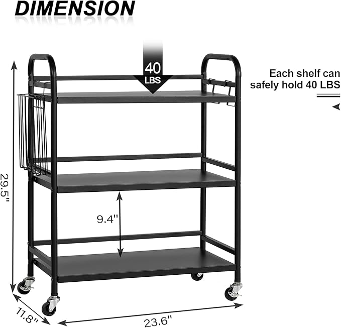 HDANI 3 Tier Metal Rolling Utility Cart,High Capacity Multi Purpose Heavy Duty Cart,for Office,Kitchen,Living Room,Bedroom,Etc.(Black)…