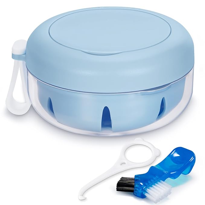 Leak Proof Denture Cup Kit Portable Retainer Case Perfect for Travel, Denture Case Container Cleaning Care for Dentures Aligner Mouth Guard with Denture Brush,Strainer, Removal Tool and Mirror