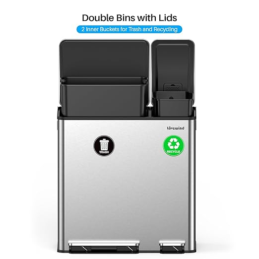 Dual Trash and Recycling Bins for Kitchen, 13.2 + 5.2 Gal (50+20L) Stainless Steel Trash and Recycle Bin Combo with Soft-Close Lid, Large Garbage Cans for Kitchen Home with 2 Magnets Sticker, Silver