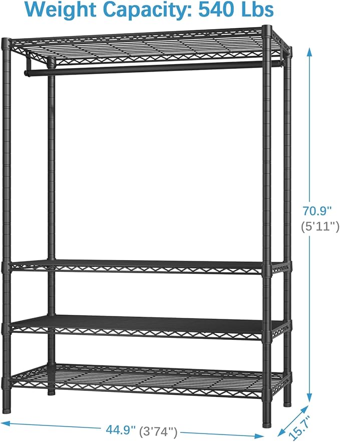 VIPEK V1 Plus Heavy Duty Clothes Rack with Shelves - 4 Tiers Adjustable Height | Holds Up to 540lbs | Perfect for Small Spaces, Apartments | Compact Design for Flexible Storage, Black