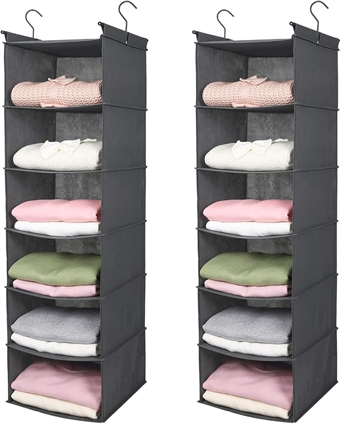 MAX Houser 6 Tier Shelf Hanging Closet Organizer, Closet Hanging Shelf with 2 Sturdy Hooks for Storage,2 Pack, Foldable (Grey)