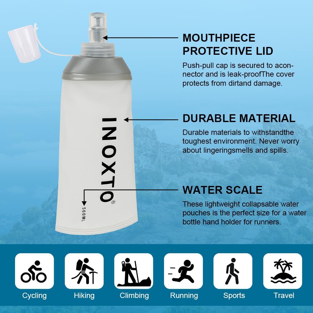 INOXTO Soft Flask,Collapsible Soft Water Bottles for Hydration Vests and Running Packs, Soft Flask Running Bottles for Hiking Cycling(250/500 ml) (2 PCS BIG)
