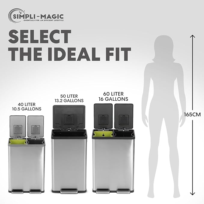 Simpli-Magic 16 Gallon (30L x 30L) Dual Compartment Step Trash Can – Kitchen Garbage Can with Slow-Close Lids – Waste & Recycling Bins, Odor Control, Hands-Free, Easy to Clean, Stainless Steel