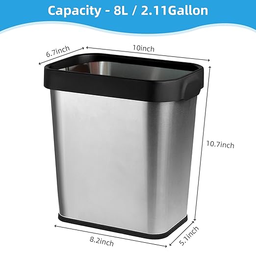 3 Pack Stainless Steel Trash Can 2 Gallon, Open Top Trash Can, 7" x 10" x 11", Rectangle Rubbish Bin, Slim and Narrow, No Lid Small Wastebasketfor Kitchen, Bathroom, Living Room, Office