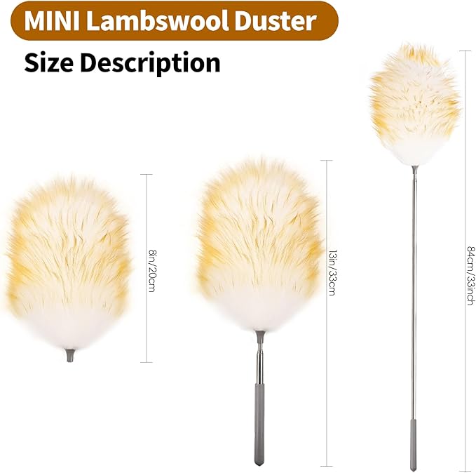 Mini Feathers Duster,Telescoping Lambswool Dusters with Stainless Steel Extension Pole Up to 34" for Cleaning High Ceiling Fan, High Ceilings,Furniture,Hard to Reach Areas