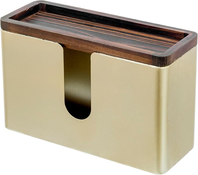 MyGift Deluxe Modern Brass Tone Metal Folded Commercial Paper Towel Holder with Burnt Solid Wood Tray Lid, Wall Mounted Trifold Multifold Z Fold Disposable Napkin Dispenser