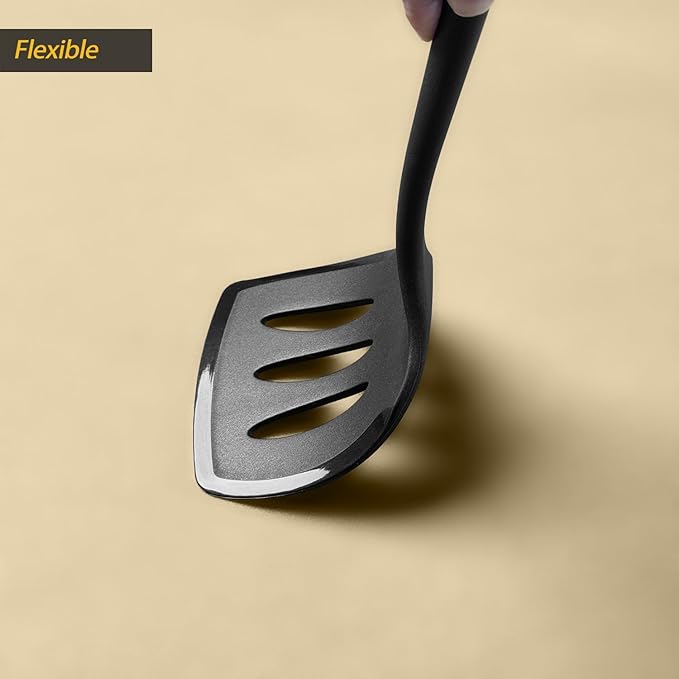 Silicone Pancake Spatula Turner with Lengthened Handle& Seamless Design, Heat Resistant Slotted Flipper for Nonstick Cookware, Large Flexible Kitchen Utensils for Egg, Pancake, Burger, Black