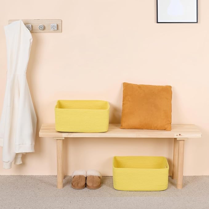 Large Storage Baskets for Shelves, Closet Organizers Bins for Clothes Blanket Towels, Baby Nursery, Toy Baskets Box, Woven Rope Baskets, 17 x 13 x 7.5”, 2 Packs Yellow