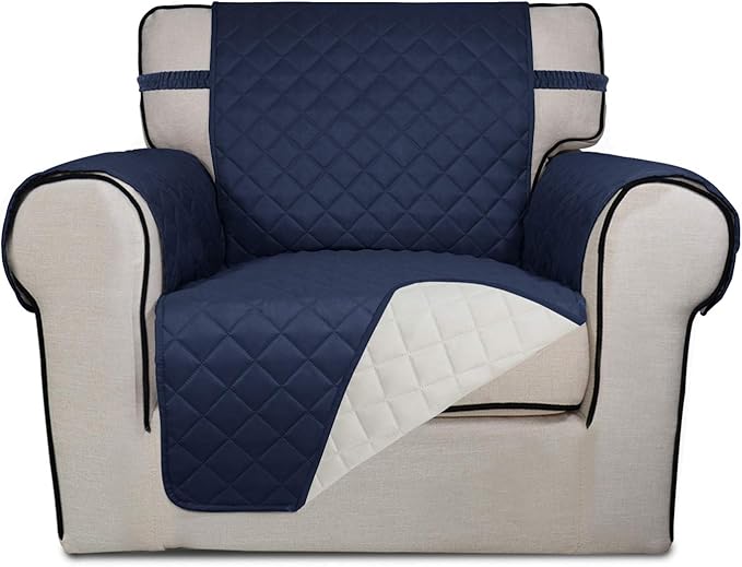 PureFit Reversible Quilted Sofa Cover, Water Resistant Slipcover Furniture Protector, Washable Couch Cover with Non Slip and Elastic Straps for Kids, Dogs, Pets (Chair, Navy/Ivory)