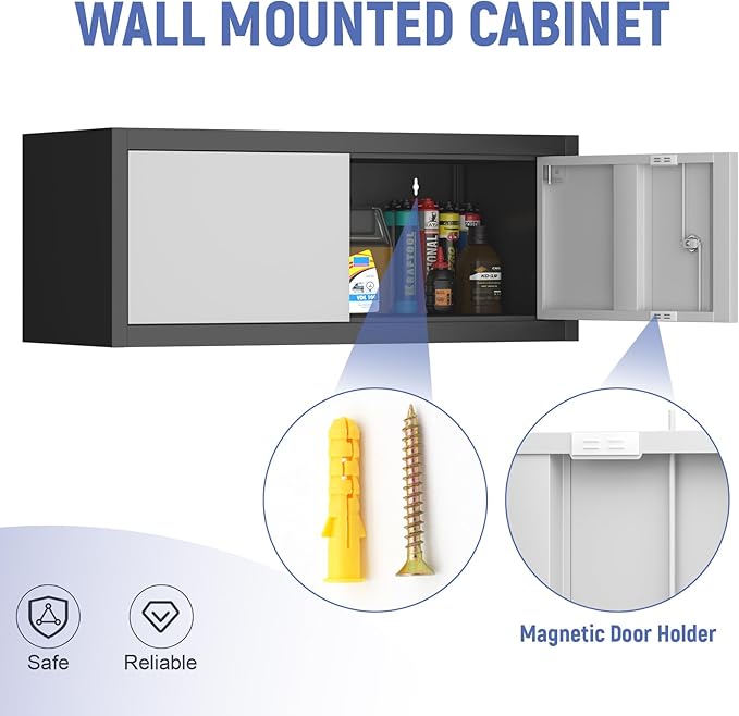 Metal Garage Storage Cabinet, Locking Cabinet Wall Mounted, 12.8" H Floating Cabinet for Warehouse, Upper Tool Cabinet with Shelf for Home Office, Basement, Kitchen, RV Organization