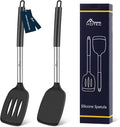 HOTEC Silicone Spatula Set of 2 Heat-Resistant 600°F & BPA-Free Kitchen SaptulaTurner with Stainless Steel Handles, Slotted & Solid Spatulas for Nonstick Cookware, 13.7 Inch, Black