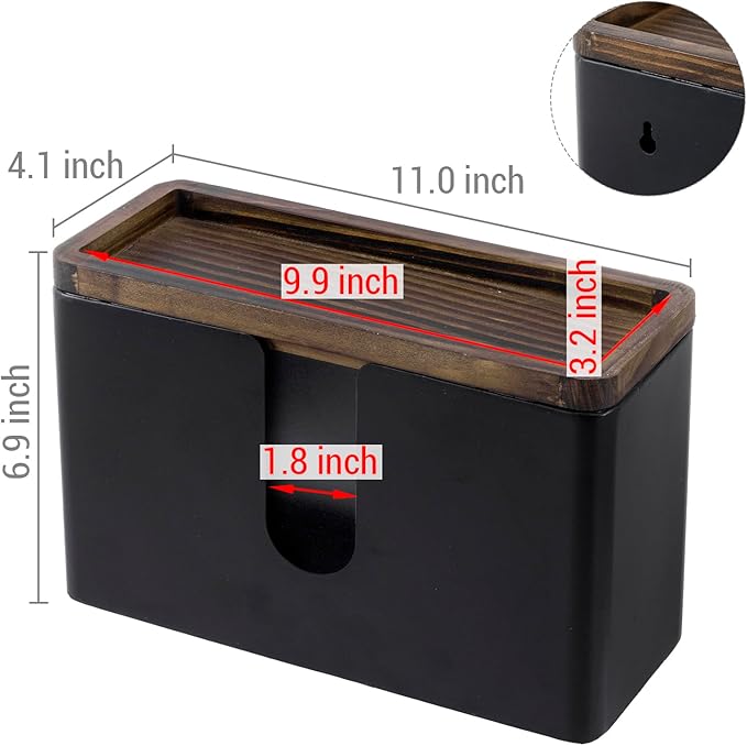 MyGift Deluxe Modern Matte Black Metal Folded Commercial Paper Towel Holder with Rustic Burnt Solid Wood Tray Lid, Wall Mounted Trifold Multifold Z Fold Disposable Napkin Dispenser