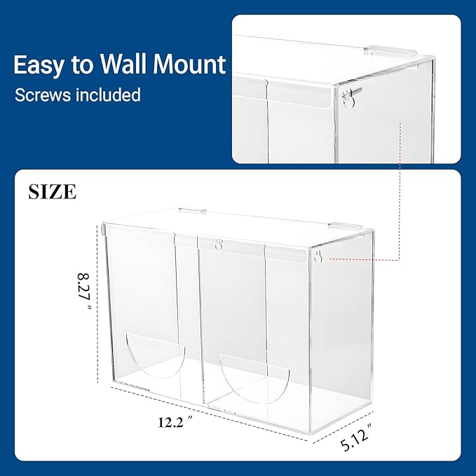 Glove Dispenser Wall Mount - Double Acrylic Hygiene Dispenser Station Holder for Disposable Latex Gloves, Hairnets, Ear Plugs, Laundry Pods, Dishwasher Pods, Dryer Balls, Clear