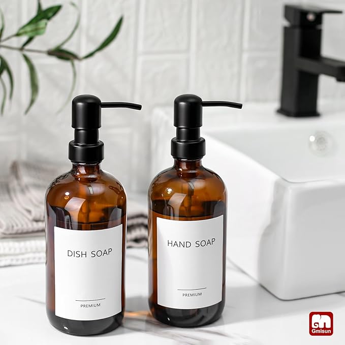 GMISUN Amber Glass Soap Dispenser, 2 Pack Bathroom Hand Soap Dispensers with Stainless Steel Pump, 17 Fl Oz Kitchen Hand and Dish Soap Dispenser Set, Modern Vintage Liquid Brown Soap Dispensers Bottle