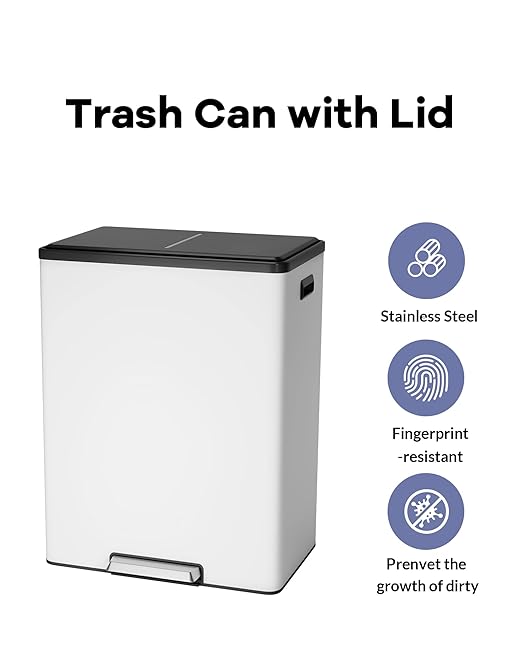Garvee Dual Trash Can for Recycling and Trash, 2 x 30 L (60 L) Stainless Steel Kitchen Trash Can with Lid and Foot Pedal, Double Compartment Garbage Can, with Recycling Bin, 2 x 8 Gallon