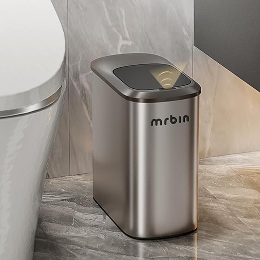 MRBIN Stainless Steel Motion Sensor Bathroom Trash Can, 10L / 2.6gal Slim Smart Toilet Waste Basket with Lid, Automatic Touchless Kitchen Bucket for Narrow Restroom, Vanity, Rv, Eclipse Grey
