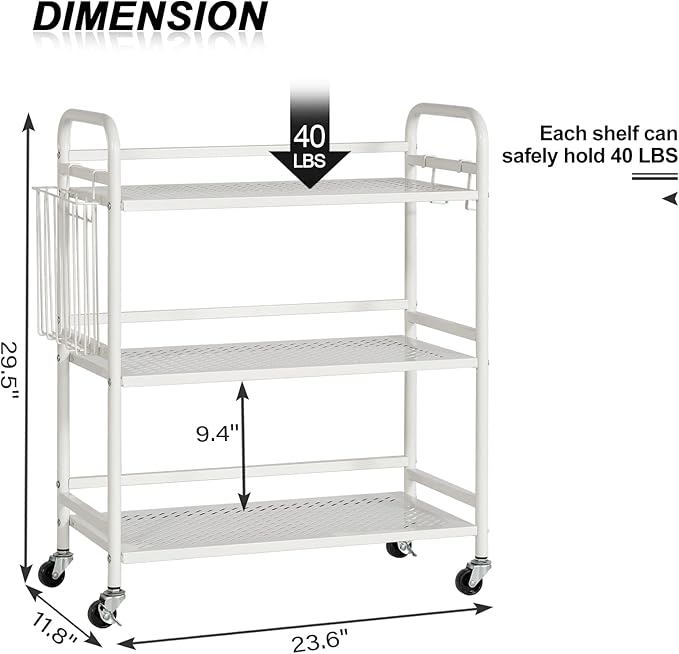 HDANI 3 Tier Metal Mesh Utility Cart,Large Capacity Multipurpose Heavy Vehicle,Rolling Trolley with to Hooks and One Basket(White)