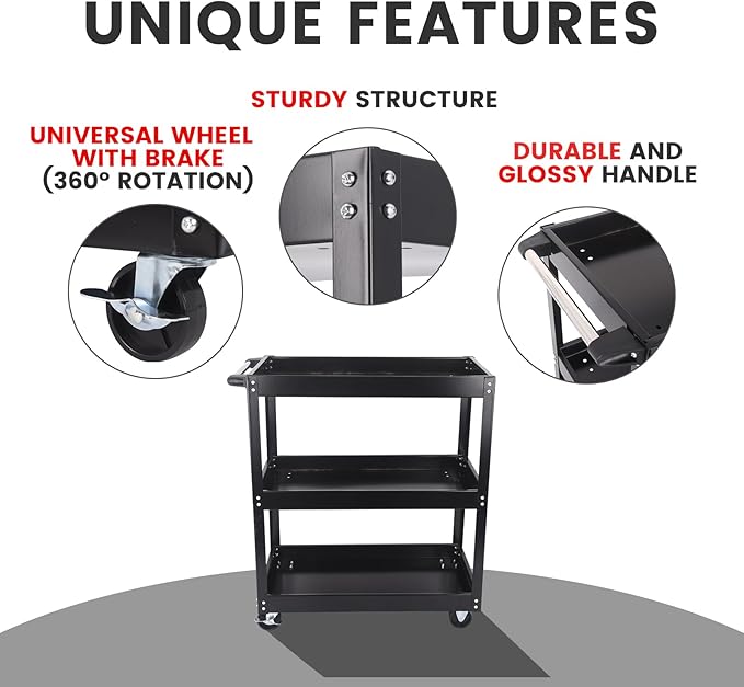 3-Tier Commercial Utility Cart, 3 Shelves Steel Service Tool Cart with Brake Wheels for Mechanics, 330lbs Heavy Duty Rolling Utility Carts Tub Storage Cart for Warehouse Office Garage, Black