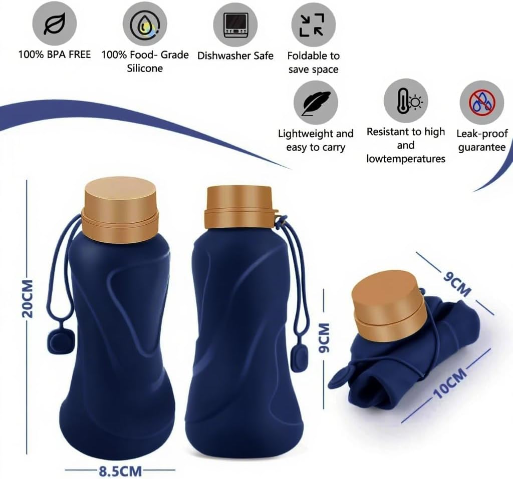 Collapsible Water Bottles,650ml,Leak Proof,Reuseable BPA Free Silicone Foldable Water Bottles,Durable Lightweight for Travel Gym Camping Hiking,Compact Size Portable Sports Water Bottle (Deep Blue)