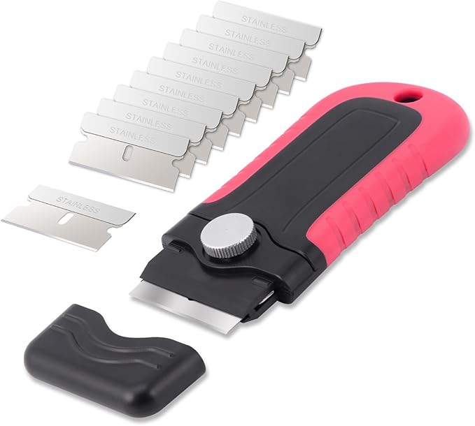 Gomake Razor Blade Scraper Tool with Blade Storage Container, Glass Cooktop Stove Scraper with 10PCS Stainless Steel Blades for Glass Clean,Paint,Old Label,Decal Sticker,Adhesive Remover-Pink