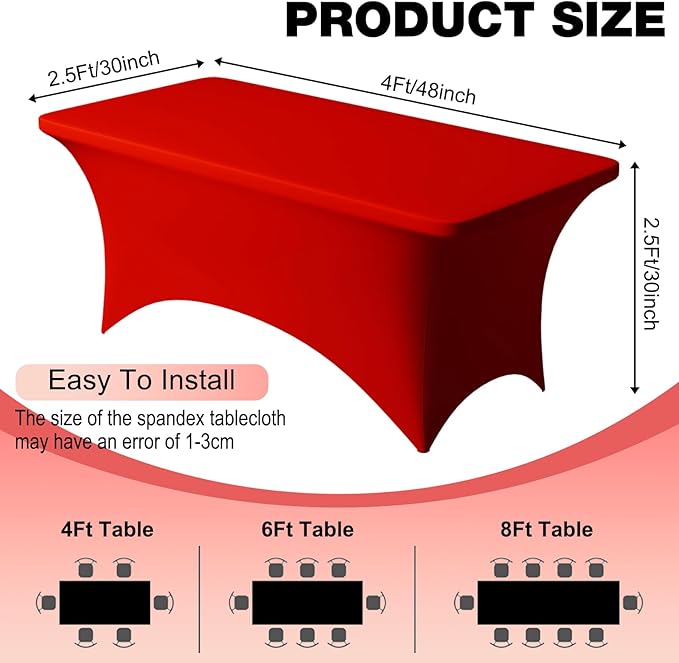 Trlyc 2 Pack 4FT Spandex Table Cloth - 48 x 30 Inch Rectangular Stretch Tablecloth, Wrinkle Resistant Scretch Table Cover for Wedding, Party, Banquet, Picnic, Outdoor Decoration (2Pcs,Red)
