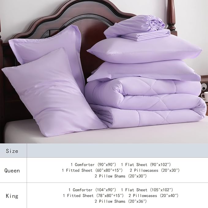 NTBAY Queen Comforter Set with Sheets, 7 Pieces Soft and Breathable Queen Bedding Set, Bed in a Bag, Down Alternative Comforter Set Solid Color All Season, Queen Bedding Set, Light Purple