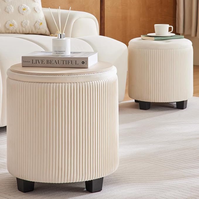 Big Round Ottoman with Storage Set of 2,Upholstered Velvet Vanity Stool for Makeup Multifunctional Foot Rest Coffee Table Padded Seat Tufted Ottomans for Living Room&Bedroom（White）