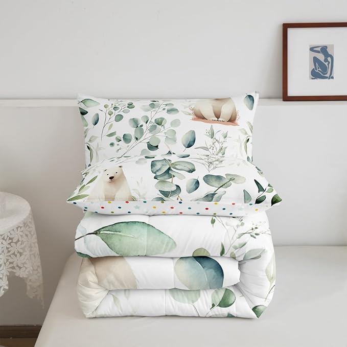 Erosebridal Boys Cartoon Animal Toddler Size Comforter Set for Kids Toddler Kawaii Polar Bear Bedding Set, Arctic Wildlife Down Comforter White Green Bed Set, Botanical Eucalyptus Quilted Duvet