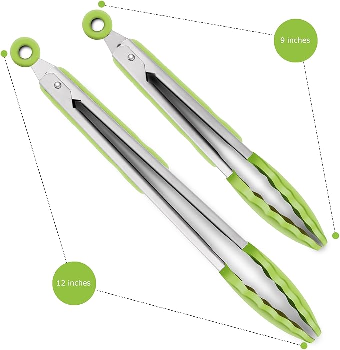 Premium Silicone Set of 2 Cooking Tongs, 9-Inch & 12-Inch BPA Free Non-Stick Stainless Steel BBQ Grilling Locking Food Tong, Light Green