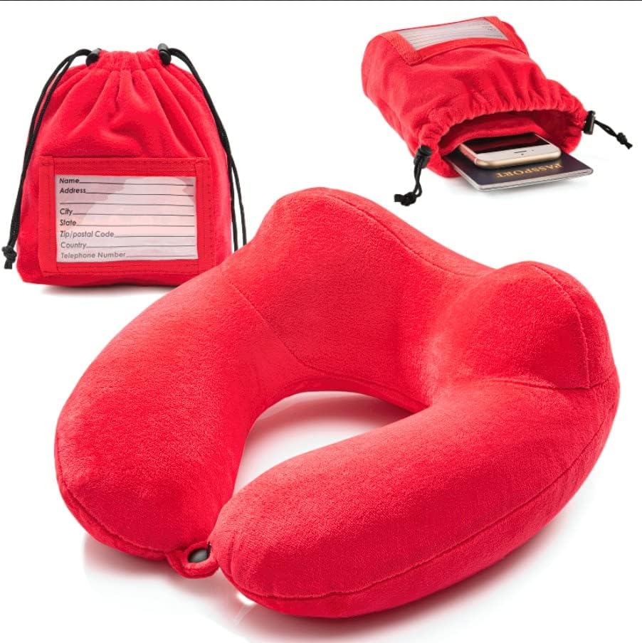 Inflatable Travel Neck Pillow: Extra-Soft, Cushion. for Airplanes, Trains, Cars, Portable Travel Accessory-with Carrying Pouch for Cell Phone and Passport Etc. (Vintage Red)