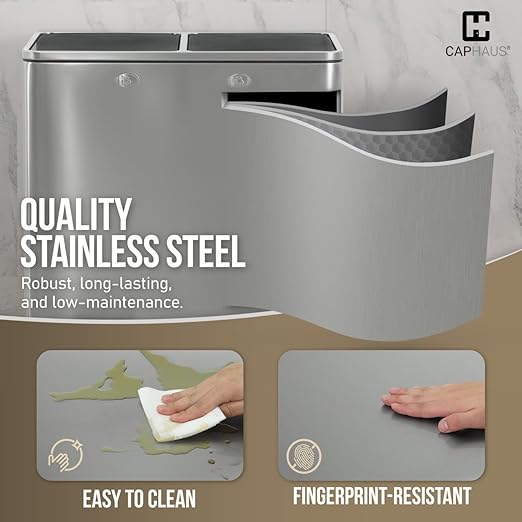 CAPHAUS Dual Trash Can with Double Lid, Trash and Recycle Bins Combo, Hands-Free Stainless-Steel Garbage Can for Kitchen, with 2 Compartment, Hinged Lid, Odor Filters, Handles, 30L+30L, 2 x 8 Gallon