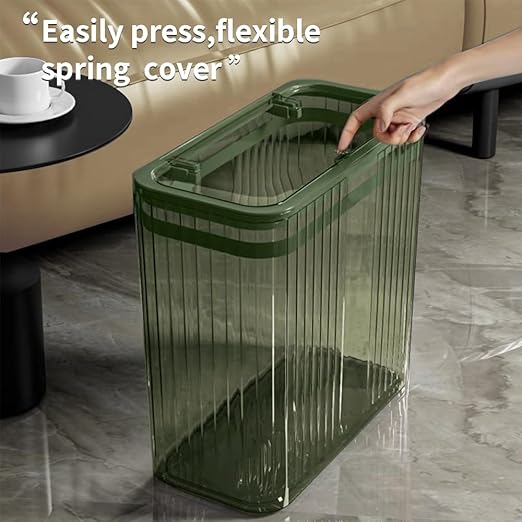 Transparent Trash Can, Bathroom Trash Cans with Lids, 3.5 Gallon Garbage Can for Bedroom, Office, Plastic Slim Waste Basket with Press Top Lid, 15L Clear Trash Bin for Home, Kitchen (Green)