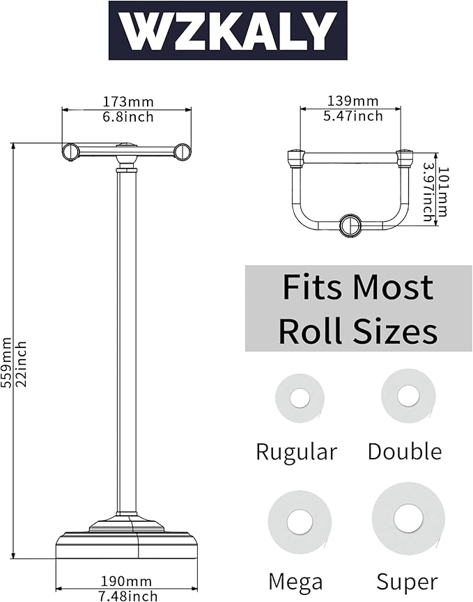 Black Toilet Paper Holder Stand, Matte Black Toilet Paper Holder Free Standing, Post Pivoting Design & Stable Weighted Base SUS304 Stainless Steel for Bathroom(Mega Roll)