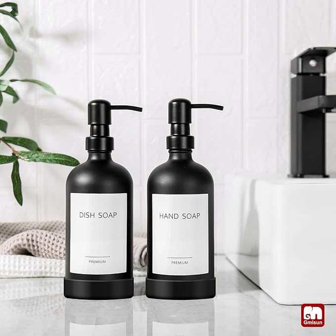 GMISUN Black Soap Dispenser with Silicone Sleeve Boot, 2 Pack Glass Bathroom Hand Soap Dispensers with Stainless Steel Pump, 17 Fl Oz Kitchen Hand and Dish Soap Dispenser Set, Liquid Dispensers Bottle