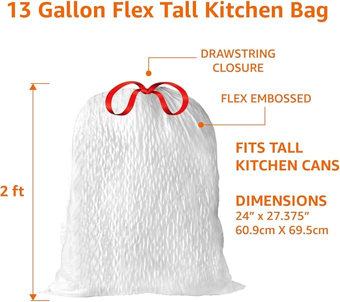 Amazon Basics Ultra-Force Tall Kitchen Drawstring Trash Bags, Classic Clean Scented, 13 Gallon, 80 Count, Pack of 1
