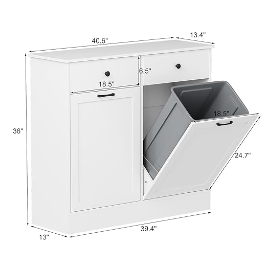 Double Tilt Out Trash Can Cabinet, 2 x 10 Gallon Wooden Trash Bin Cabinet with 2 Hideaway Drawers & Deodorizer, Freestanding Hidden Garbage Can Storage for Kitchen, Dining, Living Room, Pet-Proof Desi