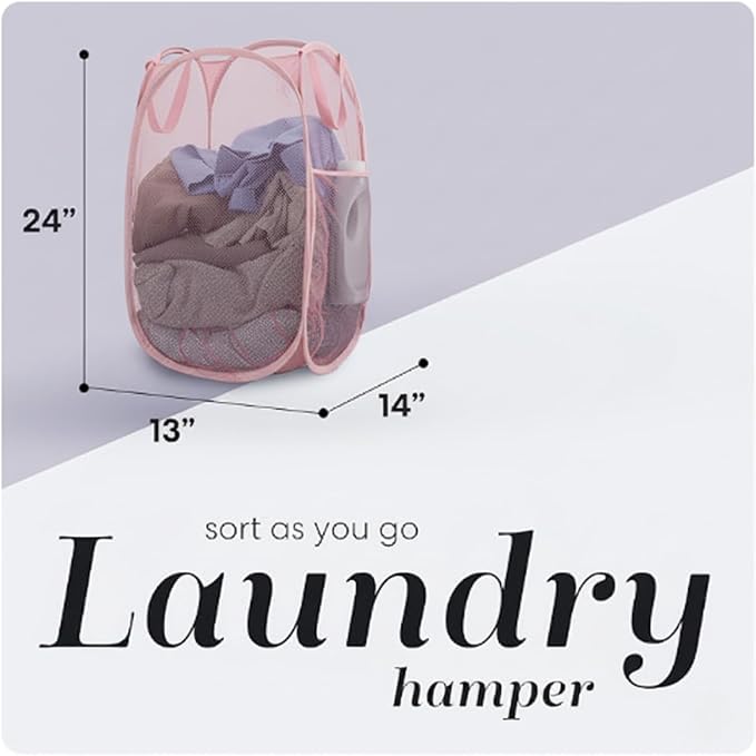 Handy Laundry Collapsible Mesh Pop Up Hamper with Wide Opening and Side Pocket - Breathable, Sturdy, Foldable, and Space-Saving Design for Clothes and Storage (Pink)